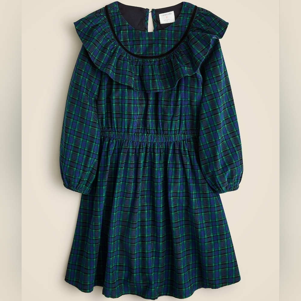 J Crew Crewcuts Girls Ruffle Trim Holiday Blue Green Plaid Corduroy Dress Size 5